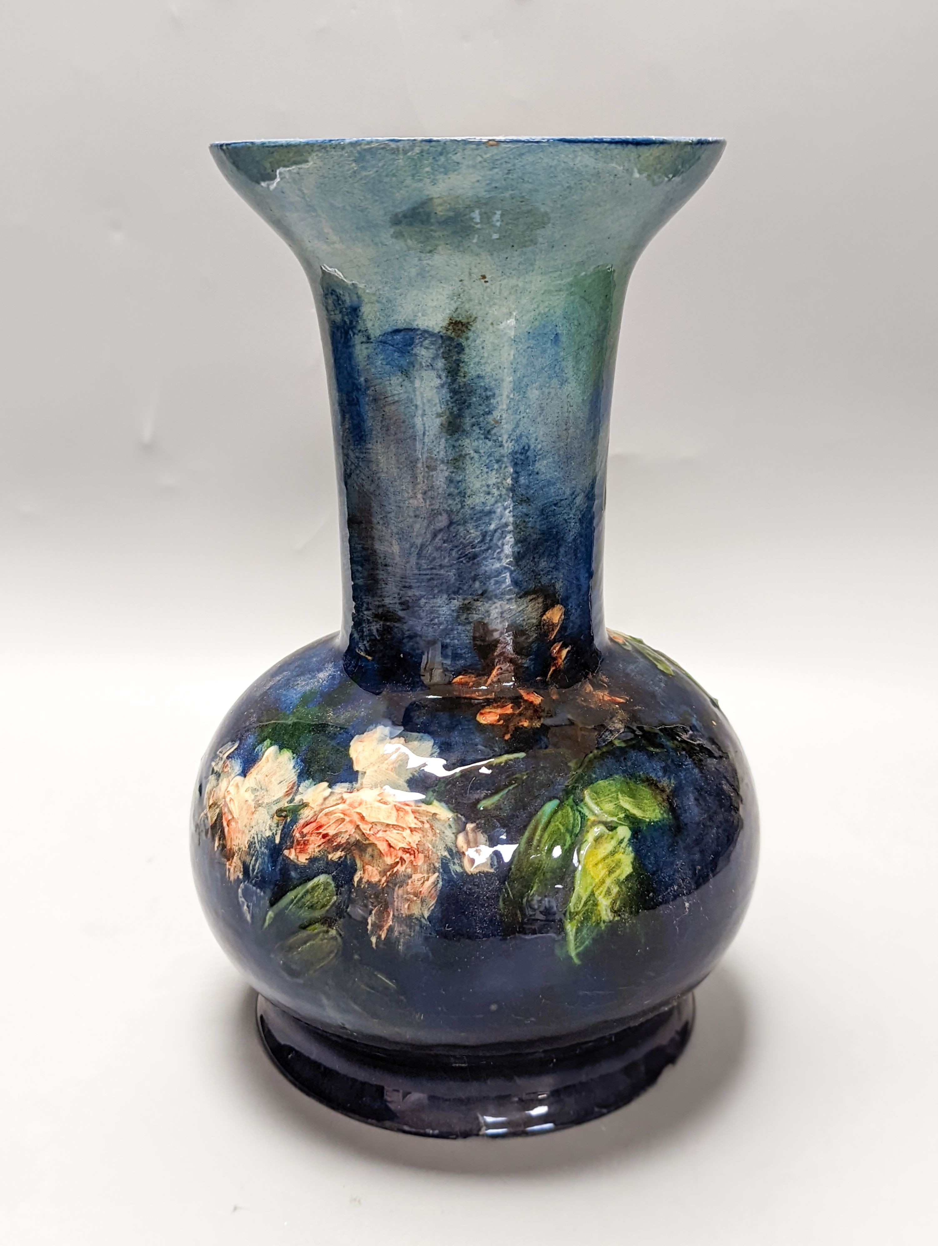 A continental floral painted vase, possibly Belgian. Stamped to underside. 26cm